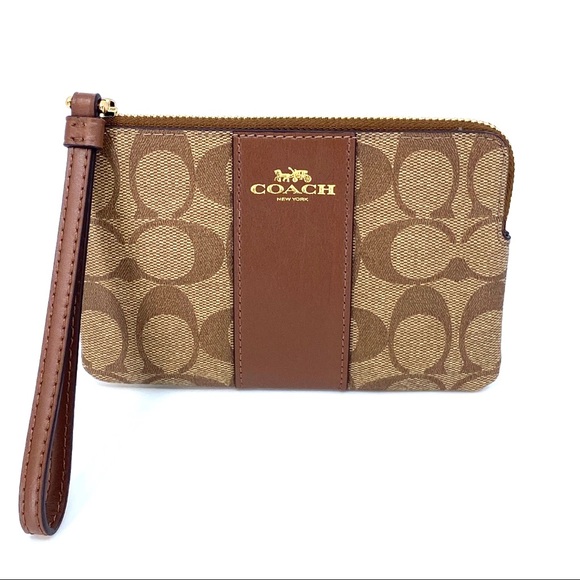 Coach Corner Zip Wristlet Signature Canvas Brown